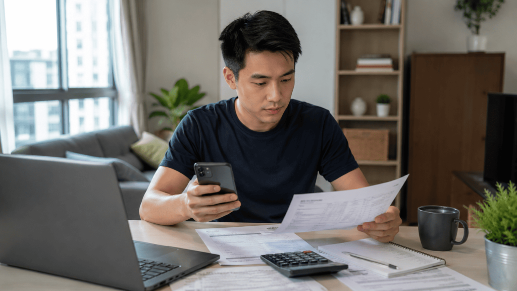 Licensed moneylender in Singapore, borrower reviewing loan information to avoid common borrowing mistakes.