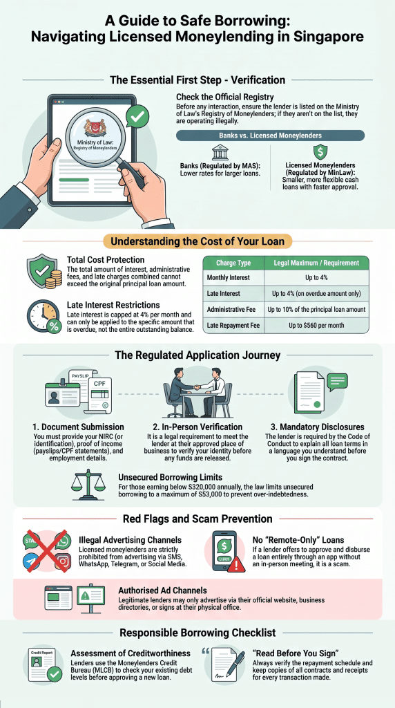 Infographic guide explaining rules and safety tips for a licensed moneylender in Singapore 
