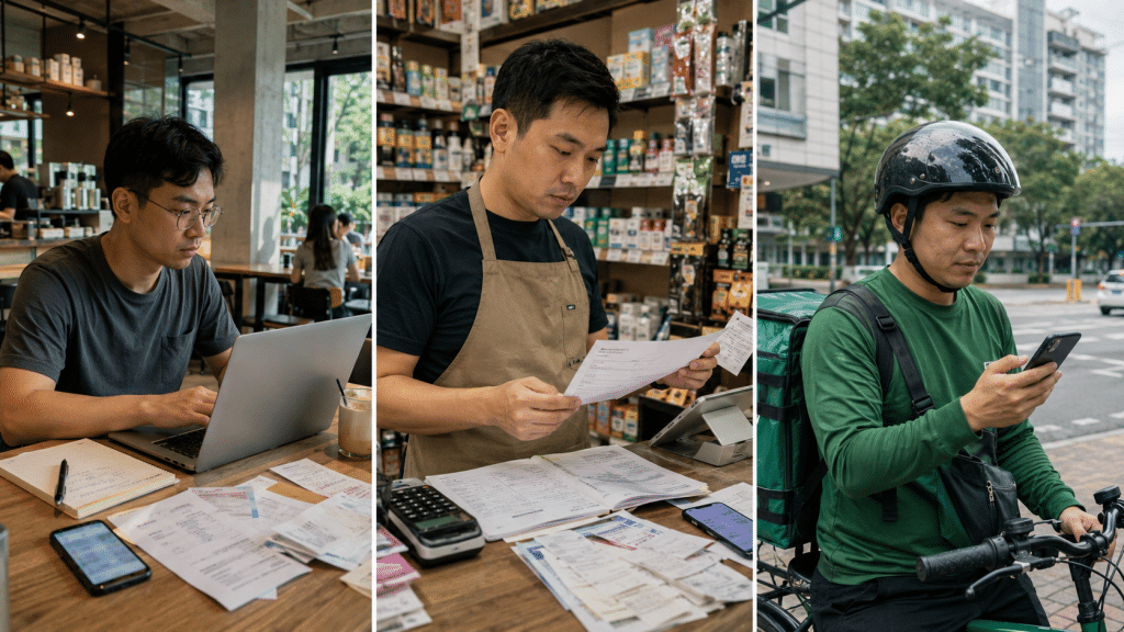 Three self-employed workers managing finances, reflecting Can You Get a Loan with No Income Proof? How Alternative Assessment Works