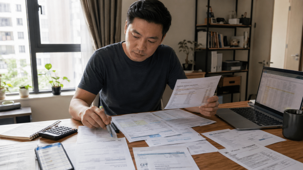 A man reviewing CPF and tax documents at home, exploring Can You Get a Loan with No Income Proof? How Alternative Assessment Works 
