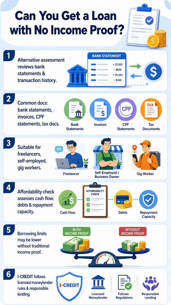 Infographic explaining Can You Get a Loan with No Income Proof? How Alternative Assessment Works for freelancers and gig workers