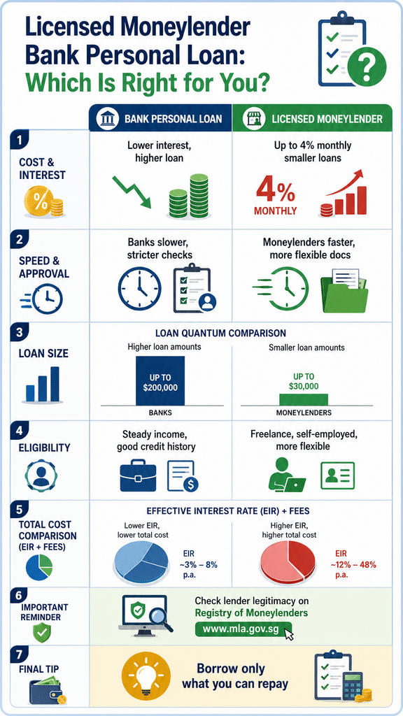 Infographic breaking down Licensed Moneylender vs Bank Personal Loan by interest rate, loan size, speed, and eligibility